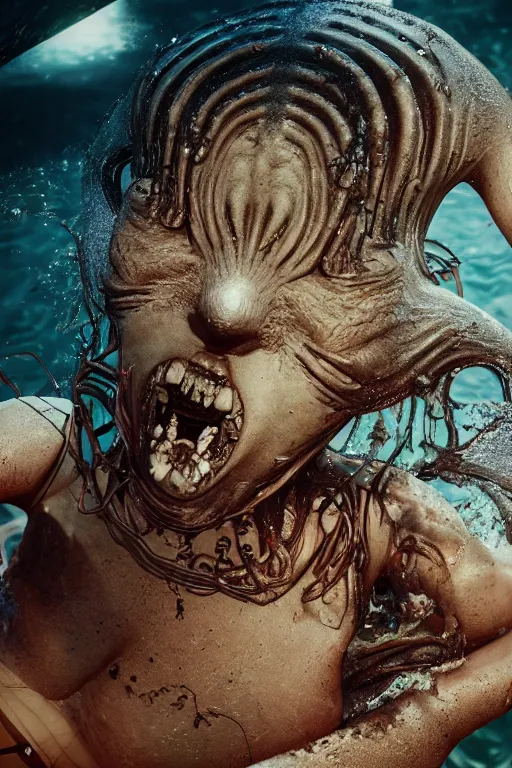 Prompt: summer swimming party, body horror, h.r. Giger, octane render