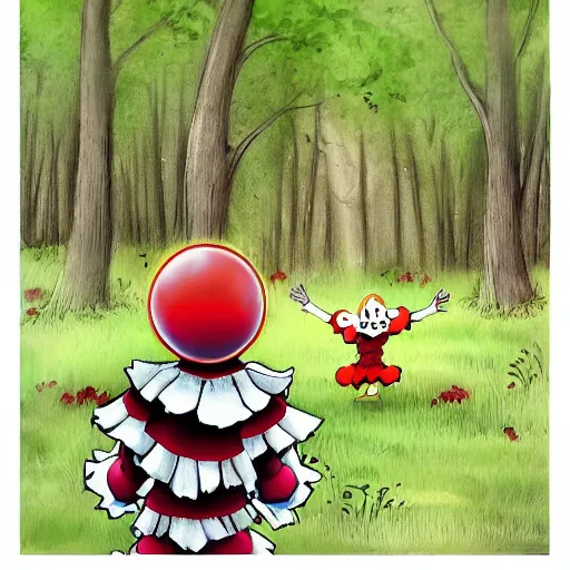 Prompt: pennywise clown hiding behind a tree watching little boy walking in a forest