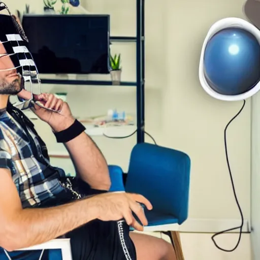 Prompt: a person wakes up sitting on a chair with things attached to his head like a mind reader, screens in front of him playing videos