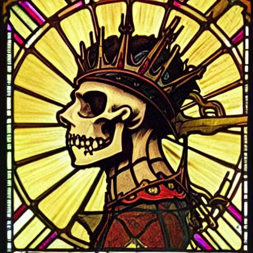 Prompt: detailed portrait of a scary knight, profile view, side view, kaldor helmet, skull - shaped visor, no mandible, royal crown with big spikes, plate armor, stained glass art, by alphonse mucha, red background, very masterful