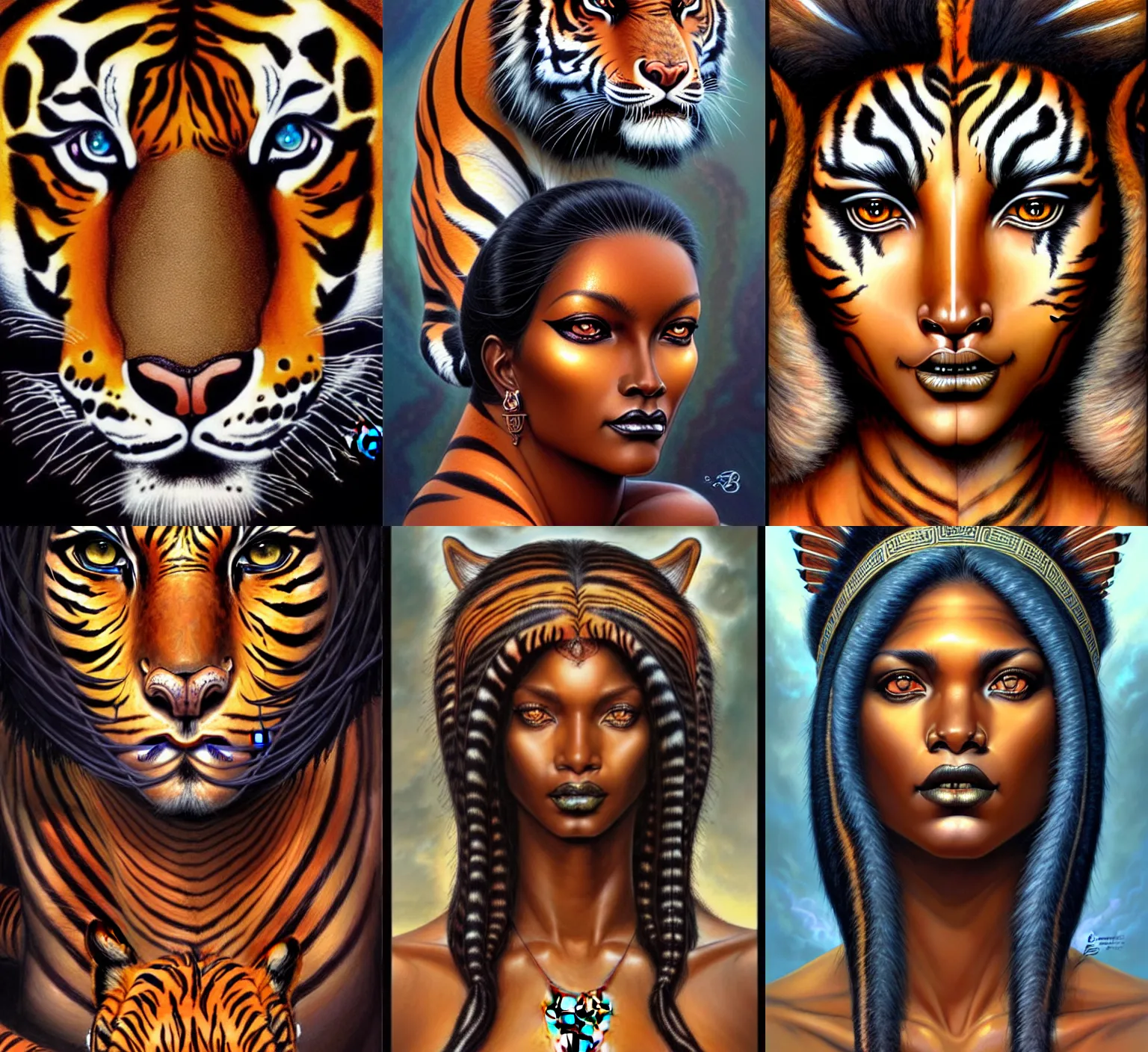 Prompt: stunning goddess of tigers portrait, clear eyes and dark skin. realistic, symmetrical face. art by bowater charlie, mark brooks, julie bell, arian mark, tony sandoval