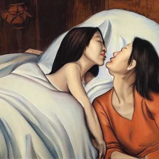 Prompt: An ultradetailed oil painting of Tsai Ing-wen and Nancy Pelosi lying in bed, kissing, by Michelangelo, 4k