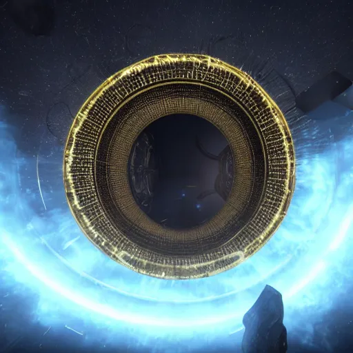 Prompt: a celestial black metal spaceship getting out of a golden intricate halo portal in the heavens, unreal engine 5