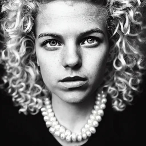 Image similar to symmetrical human portrait of lisa simpson with blonde curly hair, grainy high contrast black and white photography photo print ilford warm tone, she is wearing a delicate pearl necklace