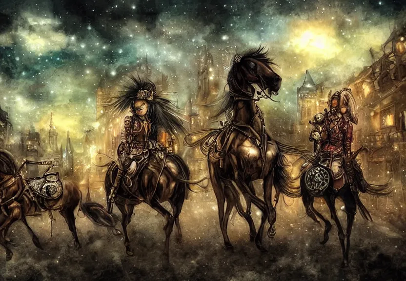 Image similar to horses riding through a steampunk city at night under a dark starred sky, dark fantasy, digital art, watercolor, high detail, dreaming illusion