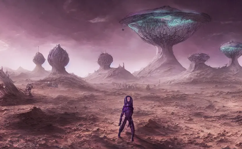 Image similar to matte painting of ant aliens in a desert, science fiction art, elaborate, detailed digital art, trending in artstation, purple color lighting