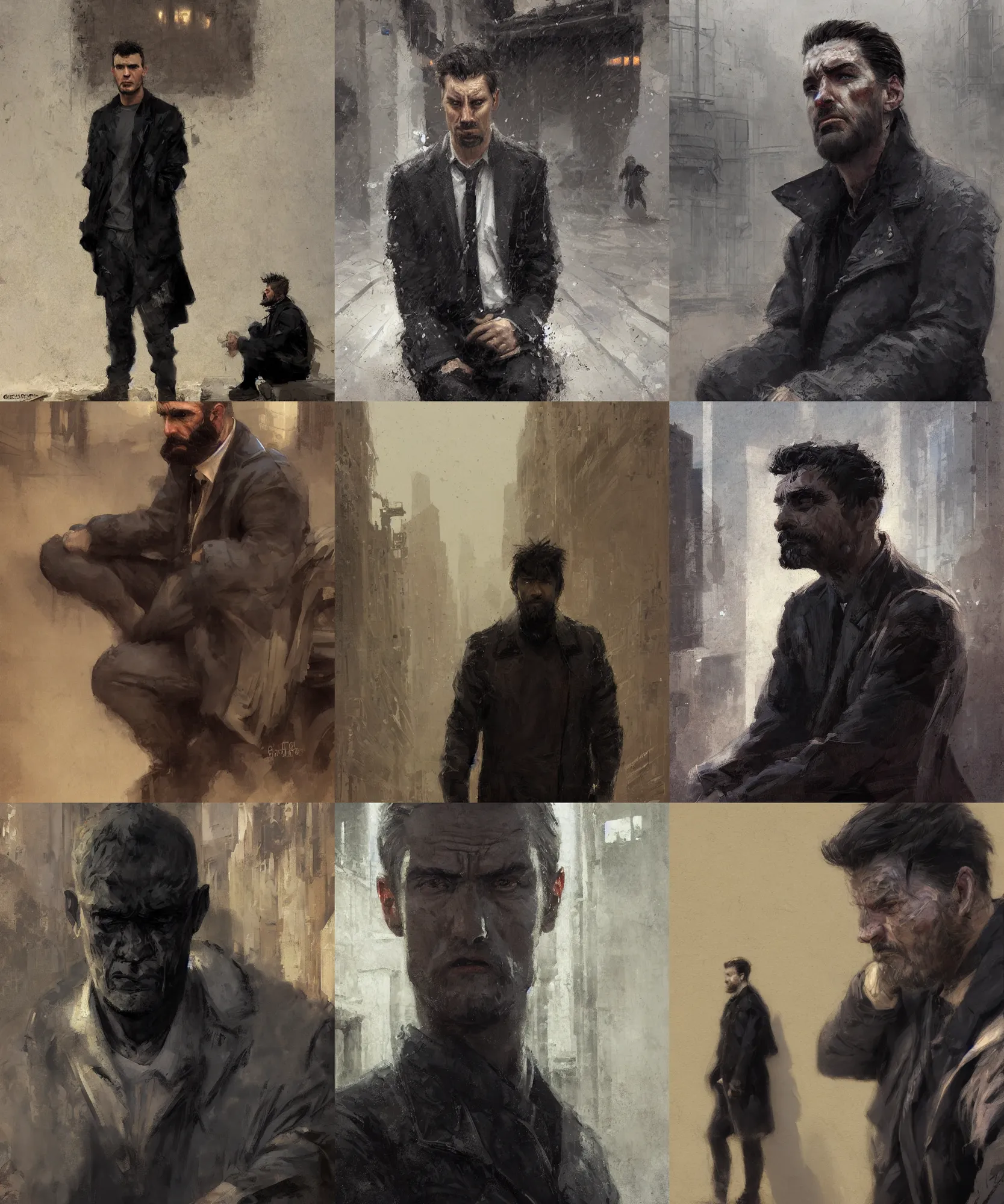 Prompt: digital art painting of a sad depressed looking man, grunt face, wearing a black jacket, seated at the edge of a building painted by craig mullins and gaston bussiere and greg rutkowski, symmetrical face, defined facial features, symmetrical facial features, dramatic lighting, close up