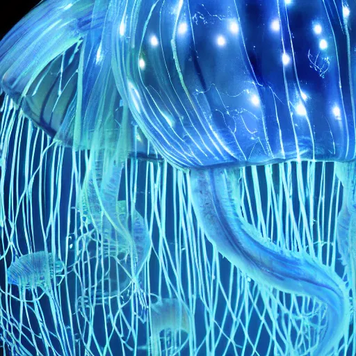 Image similar to at night, very close detailed closeup of big blue jellyfish glowing in the night,