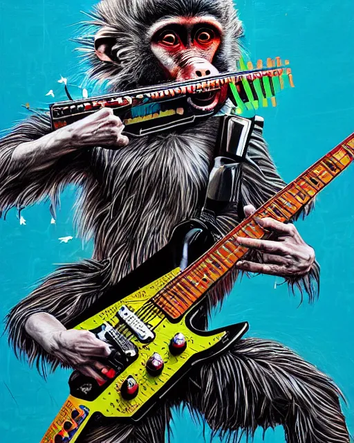 Prompt: a portrait of an anthropomorphic cyberpunk baboon shredding an electric guitar by sandra chevrier, by jon foster, detailed render, tape deck, epic composition, cybernetics, 4 k realistic, cryengine, realistic shaded lighting, sharp focus, masterpiece, by enki bilal