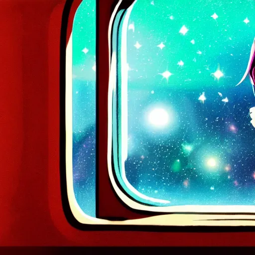 Image similar to lofi girl staring out the window of her spaceship listening to music on a sony walkman, camera facing the window, galaxies and stars are in the background of the window, spaceship is all rusted on the inside, 4 k, fantasy, space, lofi, music, alone, galaxies, stars