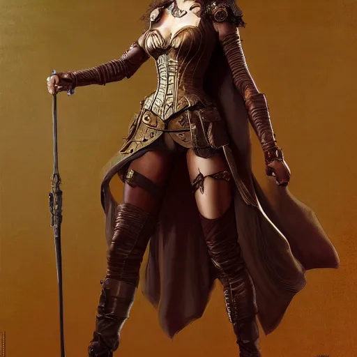 Image similar to highly detailed steampunk gal gadot standing, cape, bo staff : leonardo da vinci, greg rutkowski, magali villeneuve