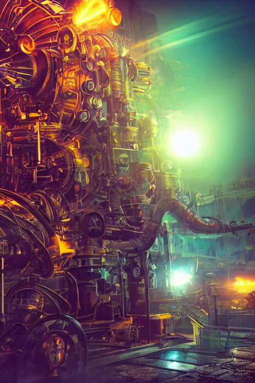 Prompt: a movie poster, movie is tripmachine, realistic digital art, 3 d render of a huge futuristic steampunk generator inside a steampunk machinery, 8 k, fluorescent colors, halluzinogenic, multicolored, exaggerated detailed, unreal engine
