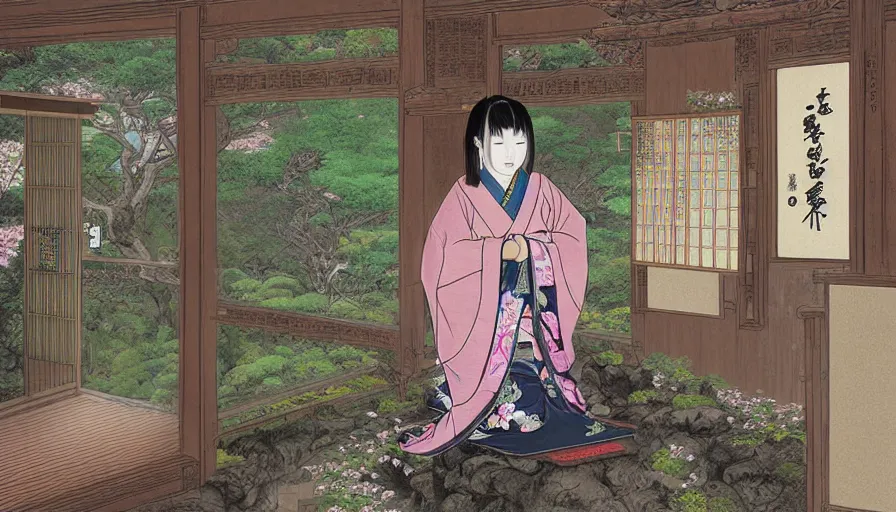 Image similar to eizin suzuki style digital painting of a beautiful girl in japan, looking out a window at a temple garden filled with yokai and spirits, uhd, high detail,