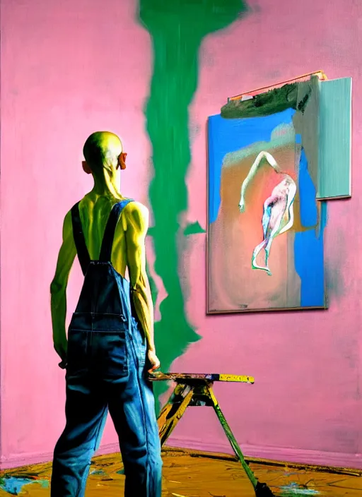 Image similar to an insane, skinny, artist wearing overalls, expressive, painting the walls inside a grand messy studio, hauntingly surreal, highly detailed painting by francis bacon, edward hopper, adrian ghenie, gerhard richter, and james jean, soft light 4 k in pink, green and blue colour palette, cinematic composition,