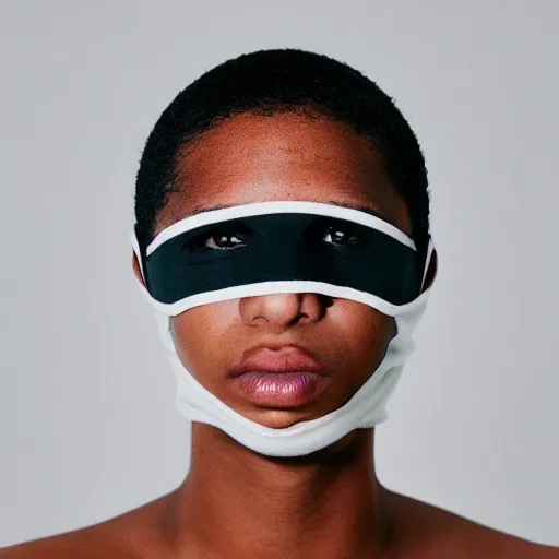 Prompt: realistic! photoshoot for a new balenciaga lookbook, color film photography, portrait of a beautiful woman wearing a balaclava mask, photo in style of tyler mitchell, fisheye lens