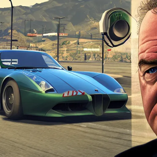 Image similar to Jeremy Clarkson in GTA V, cover art by Stephen Bliss, artstation, no text