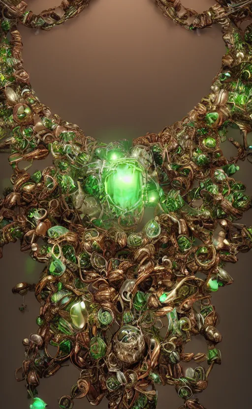 Image similar to a close view of a necklace with a small green crystal pulsing light, wooden forest, cloth accessories, front game card, drark, marvel comics, dark, intricate, highly detailed, smooth, artstation, digital illustration by ruan jia and mandy jurgens and artgerm and wayne barlowe and greg rutkowski and zdislav beksinski