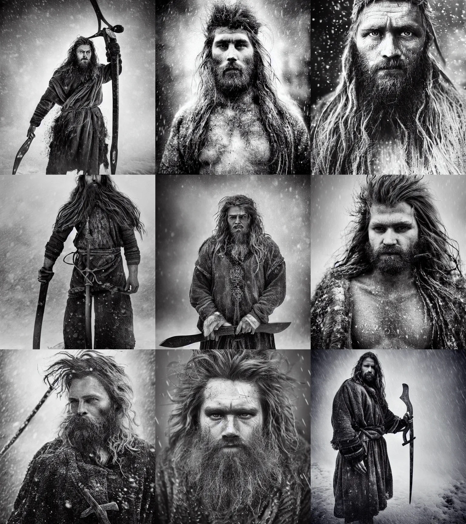 Prompt: Award winning full-body photograph of Early-medieval Scandinavian Folk hero with incredible hair and beautiful hyper-detailed eyes holding a battle-axe, wearing traditional garb in a snowstorm by Lee Jeffries, 85mm ND 4, perfect lighting, gelatin silver process
