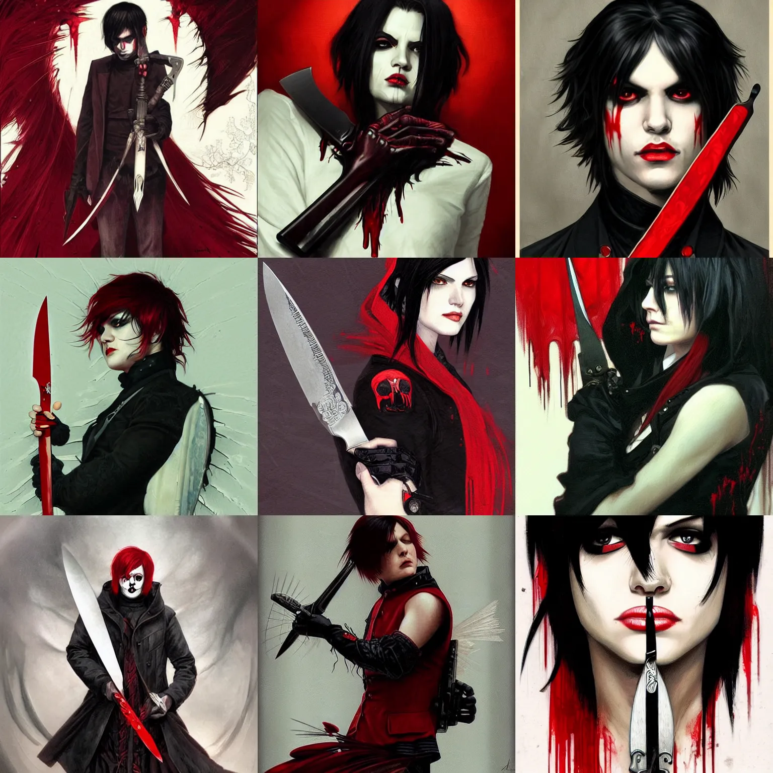 Prompt: beautiful aesthetic gerard way revenge era 2005 emo holding bloody knife, red and black catholic, black hair, intricate, elegant, highly detailed, digital painting, artstation, concept art, smooth, sharp, focus, illustration, art by artgerm and greg rutkowski and alphonse mucha