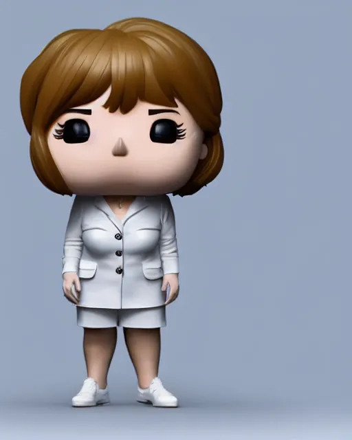 Image similar to full body 3d render of angela merkel as a funko pop, studio lighting, white background, blender, trending on artstation, 8k, highly detailed