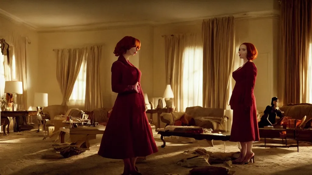 Image similar to Christina Hendricks in the living room, film still from the movie directed by Denis Villeneuve with art direction by Salvador Dalí, wide lens