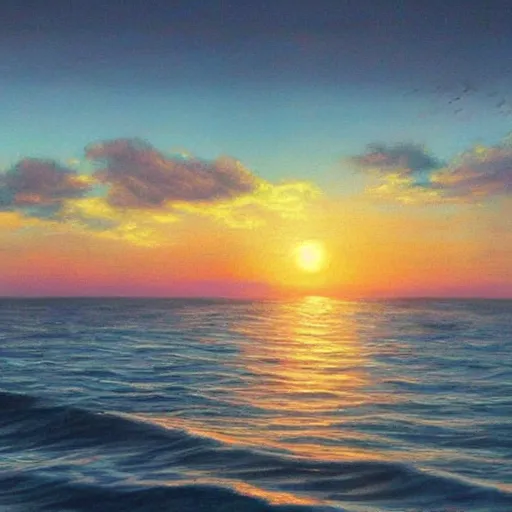 Image similar to sunset over the ocean, hyper realistic, beautiful, highly detailed, realism