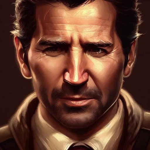 Image similar to Joe Biden face as Nathan Drake, western, D&D, fantasy, intricate, elegant, highly detailed, digital painting, artstation, concept art, matte, sharp focus, illustration, art by Artgerm and Greg Rutkowski and Alphonse Mucha