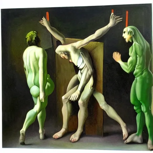 Image similar to a futuristic crucifixion of a green alien messie, great sadness, painting, style of caravaggio