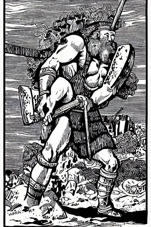 Image similar to ancient historically accurate depiction of the Bible Character Goliath of Gath, the Philistine warrior giant by mcbess