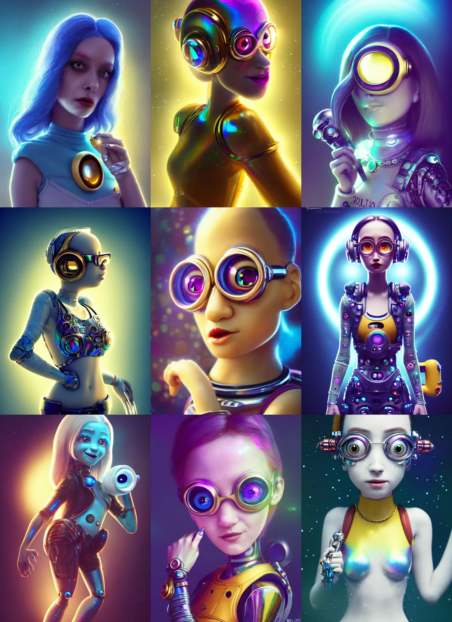 Prompt: pixar 8 k photo, beautiful shiny white porcelain rich galactic iridescent edc minion clowncore cyborg college girl, bullet jewelry, golden ratio, sci fi, fantasy, cyberpunk, intricate, decadent, highly detailed, digital painting, octane render, artstation, concept art, smooth, sharp focus, illustration, art by loish, wlop