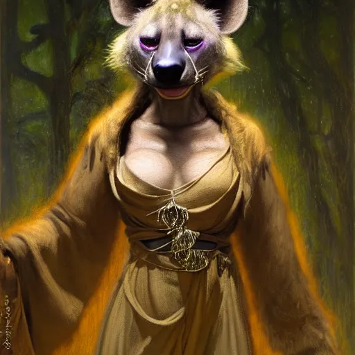 Image similar to a female hyena hyenawoman canine in magic robes at night in a dark forest. zootopia fursona furaffinity furry art detailed face painting by gaston bussiere craig mullins jc leyendecker gustav klimt artgerm greg rutkowski furry