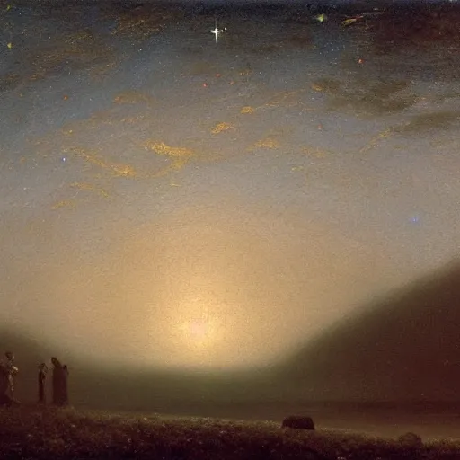 Prompt: night sky with clouds and stars, volumetric, canvas, very detailed, oil painting, canvas, Albert Bierstadt, Theodor Kittelsen