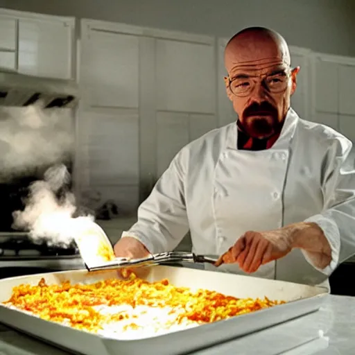 Prompt: walter white cooks an oversized lasagna