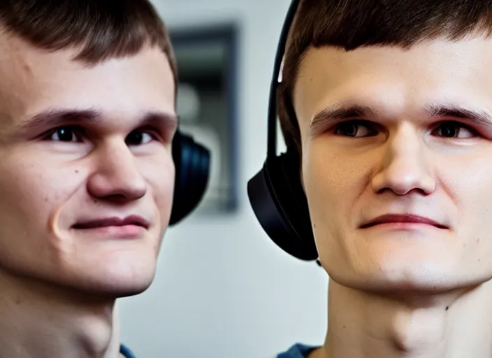 Prompt: headshot of vitalik buterin in headphones. perfect symmetric face, coherent eyes, happy beautiful face fine details., 4 k, ron cobb