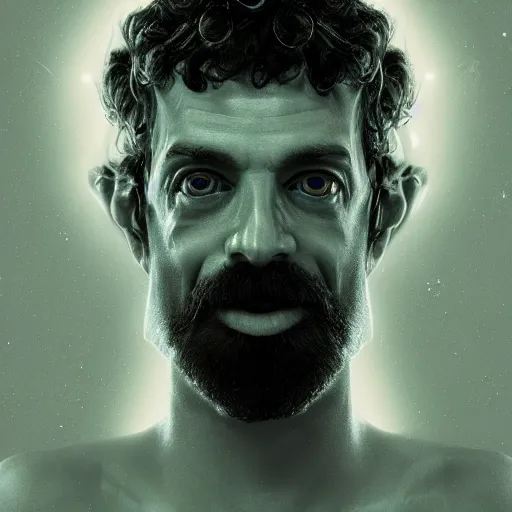 Image similar to terence McKenna modeling seductively with psychedelic mushrooms, psychedelic, cinematic lighting, dramatic, octane render, full body, trending on artstation, perfect facial symmetry, bokeh, 8k, hyper detailed
