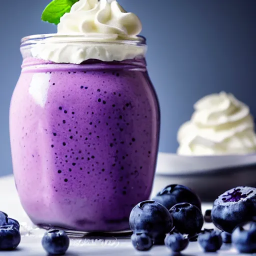 Image similar to delicious looking blueberry milkshake, blueberries on the side, whipped cream on top, 8 k resolution, professional food photography, studio lighting, sharp focus, center frame, hyper - detailed