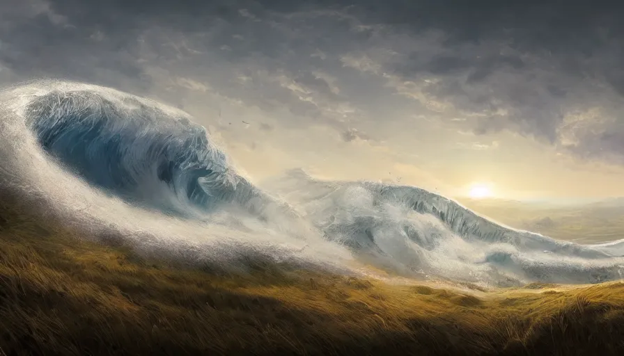 Image similar to people fleeing the hill a giant wave, wide view, hyperdetailed, artstation, cgsociety, 8 k