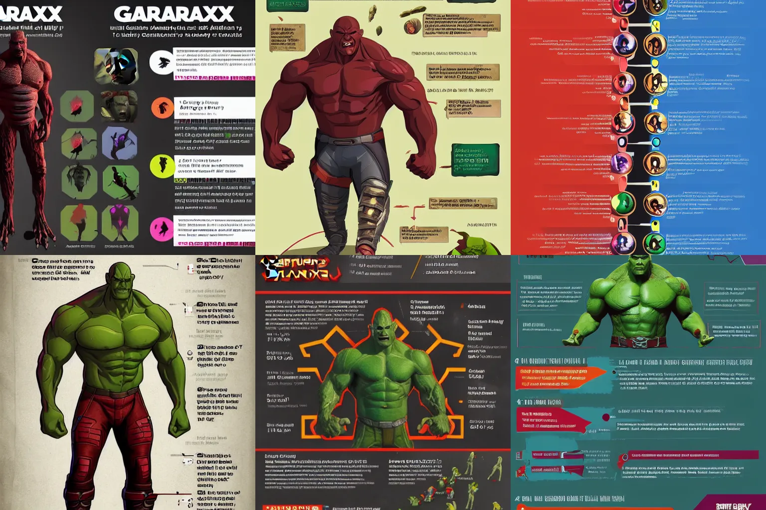 Prompt: Drax from Guardians of the Galaxy, infographic map about abilities, illustrated, trending on artstation