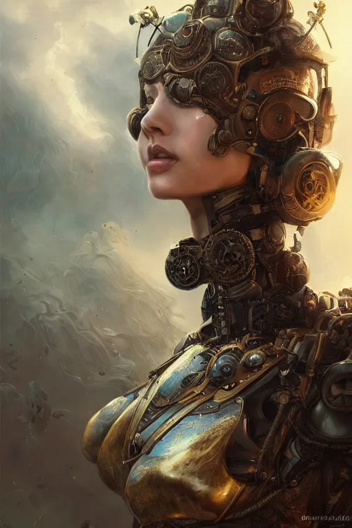 Image similar to ultra realist and ultra intricate detailed soft painting of a beautiful mechwarrior girl in steampunk armor, thin lustrous hair, symmetry features, sensual gloomy style, soft painting, volumetric clouds, fantasy background, artstation, Tom Bagshaw artstyle, unreal render