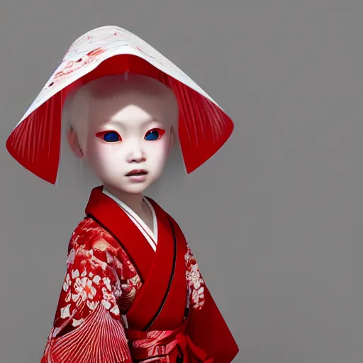 Image similar to beautiful albino Asian girl kid in a fancy kimono, unreal engine octane, red and white, gliter, depth of field, 8k, hyper detailed, trending on artstation