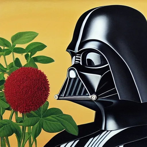 Image similar to portrait of darth vader smelling a flower, painting by rene magritte, high detail, high resolution