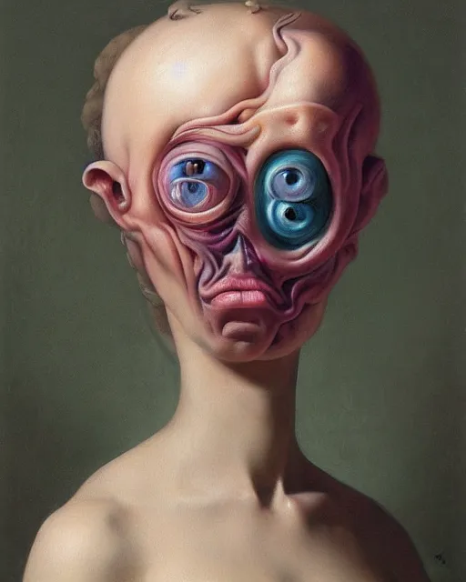 Image similar to strange, looming head, biomorphic painting of a woman with large eyes, pastel colours by, rachel ruysch, and charlie immer, highly detailed, fluid acrylic, airbrush art, timeless disturbing masterpiece