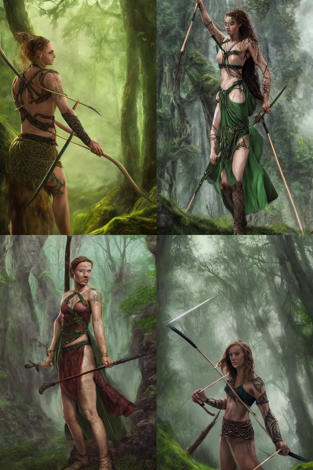 Prompt: establishing shot of an athletic celtic woman holding a quarterstaff, green robes, tattoos, detailed and freckled face, full shot, irish forest, natural, organic, matte painting, trending on artstation, artgerm, cgsociety, professional digital art, hd uhd