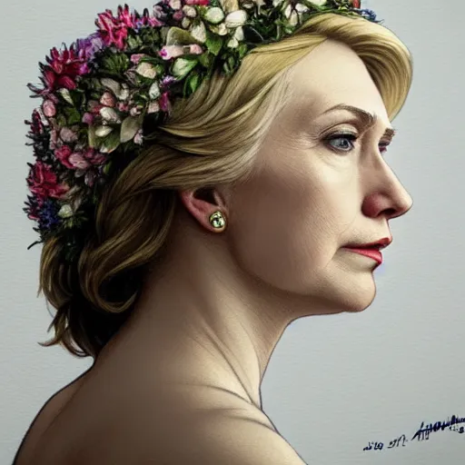 Image similar to side portrait of Hillary Clinton, blond hair, flower crown, white dress, headshot, hyper realistic, pale skin, 4k, rule of thirds, beautiful eyes, extreme detail, detailed drawing, trending artstation, hd, fantasy, D&D, realistic lighting, by Alphonse Mucha, Greg Rutkowski, sharp focus, backlit, elegant