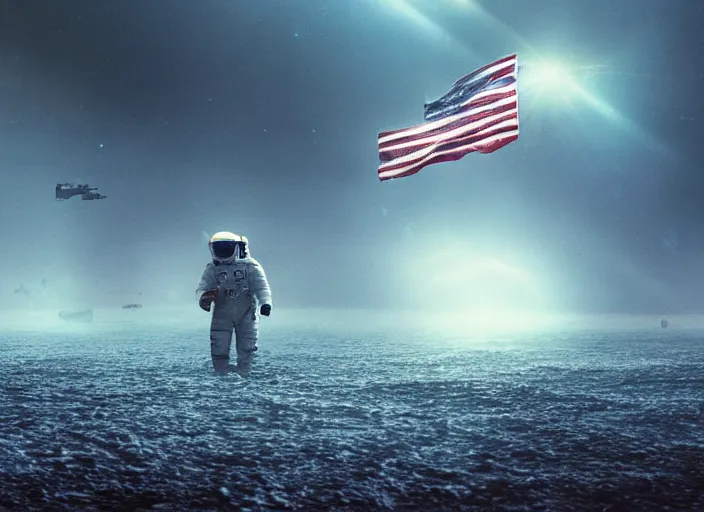 Image similar to astronaut holding a flag in an underwater desert. a submarine is visible in the distance. dark, concept art, cinematic, dramatic, atmospheric, 8 k, trending on artstation, blue, fish, low visibility, fog, ocean floor, christopher nolan, interstellar