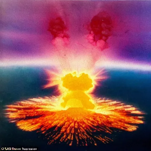 Prompt: A detailed colorful photo from space of a black nuclear explosion, shining its light across a tumultuous city