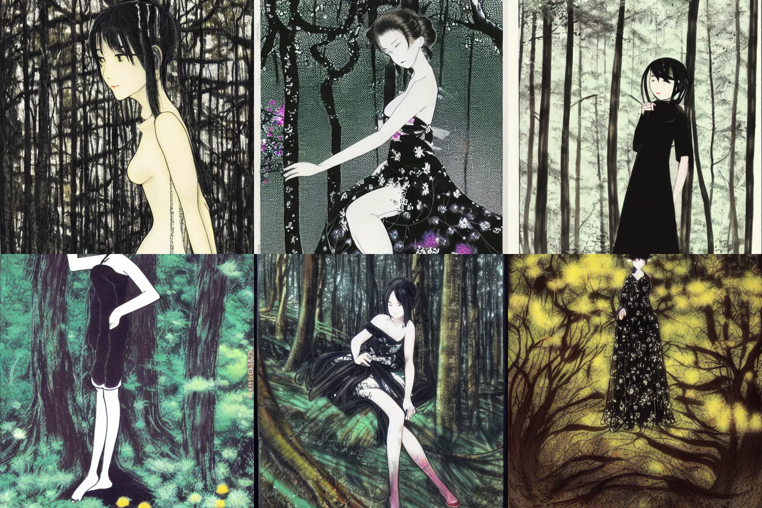 Prompt: woman wearing a black dress in a forest, by yoshitaka amano