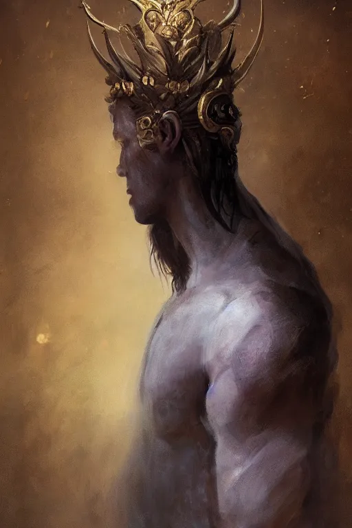 Image similar to a masculine elegant man from sideview and wearing golden laurel wreath, ethereal horror fantasy art by greg rutkowski and magali villanueve and monet con