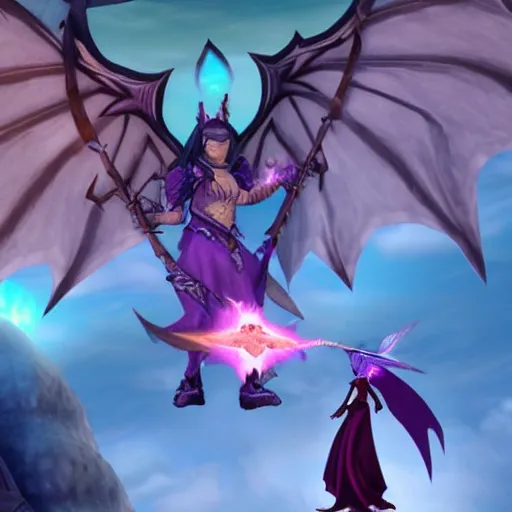 Image similar to flying fairy fighting against dragon demon in style of warcraft