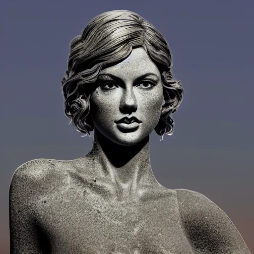 Prompt: photorealistic stone sculpture of taylor swift standing atop mount olympus. hyperdetailed photorealism, 1 0 8 megapixels, amazing depth, high resolution, 3 d shading, 3 d finalrender, 3 d cinematic lighting, glowing rich colors, psychedelic overtones, artstation concept art